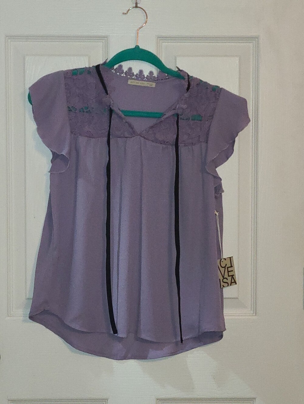 Active USA Lavender Lace-Trim Flutter Sleeve Top